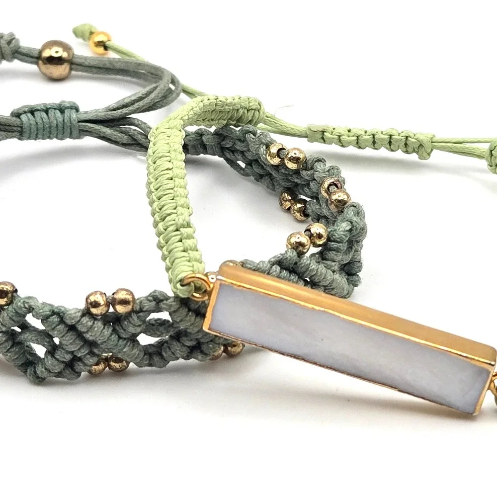 Set of 2 Macrame Cord‎ Bracelets Sage Green Agate Bar Gold Bead Adjustable Woven